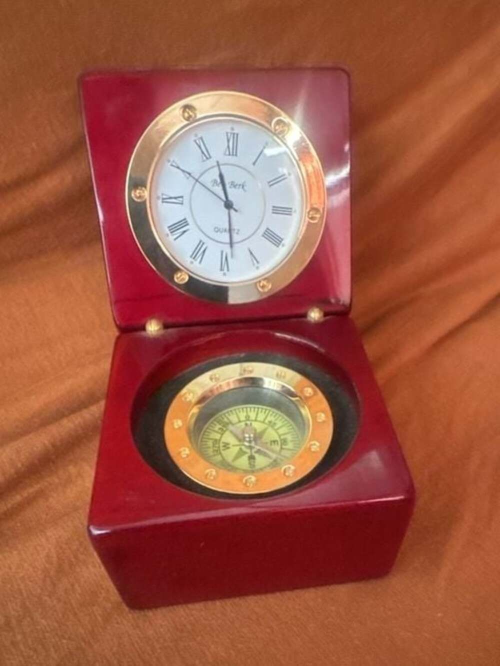 Bey Berk Glossy Finish Maroon Clock and Compass Square Cube Box